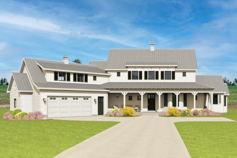 Versatile 5-Bedroom Dual-Story Modern Farmhouse With Two Upstairs Bedroom Layouts (Floor Plan)