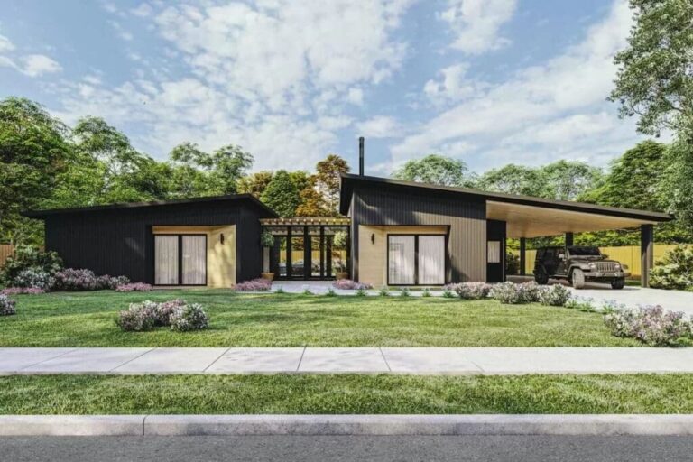 2-Bedroom 1-Story Mid-Century Modern Home with Outdoor Kitchen and Carport (Floor Plan)
