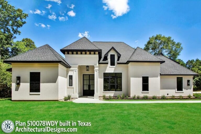 One-Story 4-Bedroom French Country House with Bonus Room above Garage (Floor Plan)
