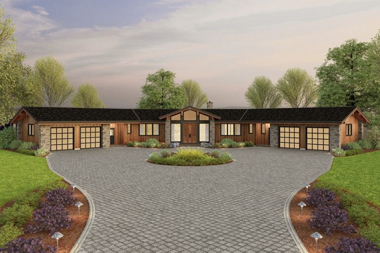 3-Bedroom 1-Story Modern Farmhouse With 4-Car Courtyard Garage and Dual Half Baths (Floor Plan)