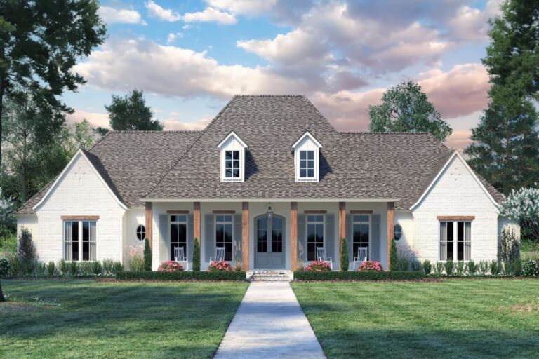 4-Bedroom 1-Story French Country Plan with Home Office and Expansive Rear Porch (Floor Plan)