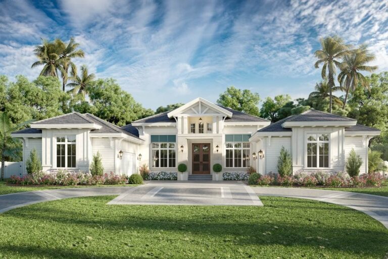 4-Bedroom Single-Story Contemporary Farmhouse with 3-Car Courtyard Garage and Outdoor Living (Floor Plan)