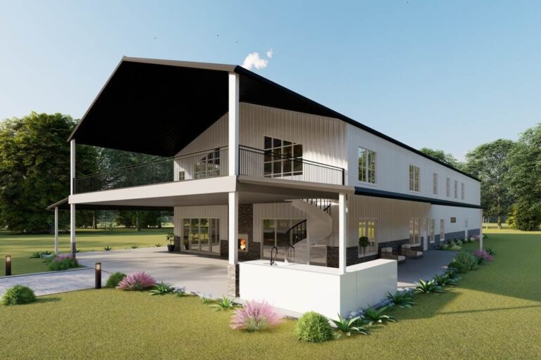 Spacious 4-Bed Modern Barndominium with 2-Story Great Room and Balcony (Floor Plan)