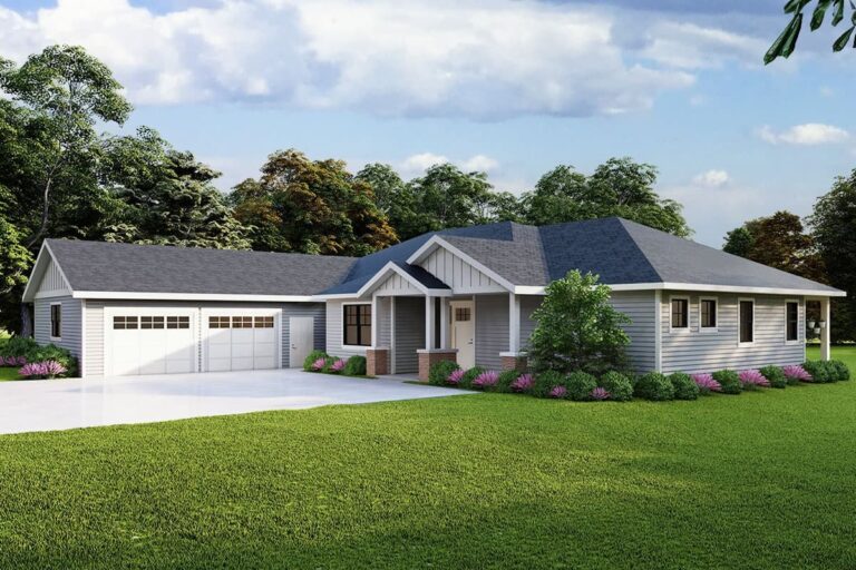 4-Bedroom 1-Story Ranch House Plan with Vaulted Great Room and Side-Entry Garage (Floor Plan)