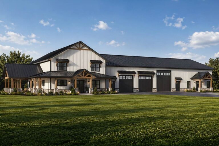 5-Bedroom 2-Story Farmhouse Barndominium With Wraparound Porch And Attached Apartment (Floor Plan)
