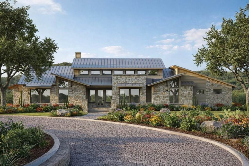 Modern ranch house plan exterior with stone facade, metal roof, prominent gables, and extensive windows.