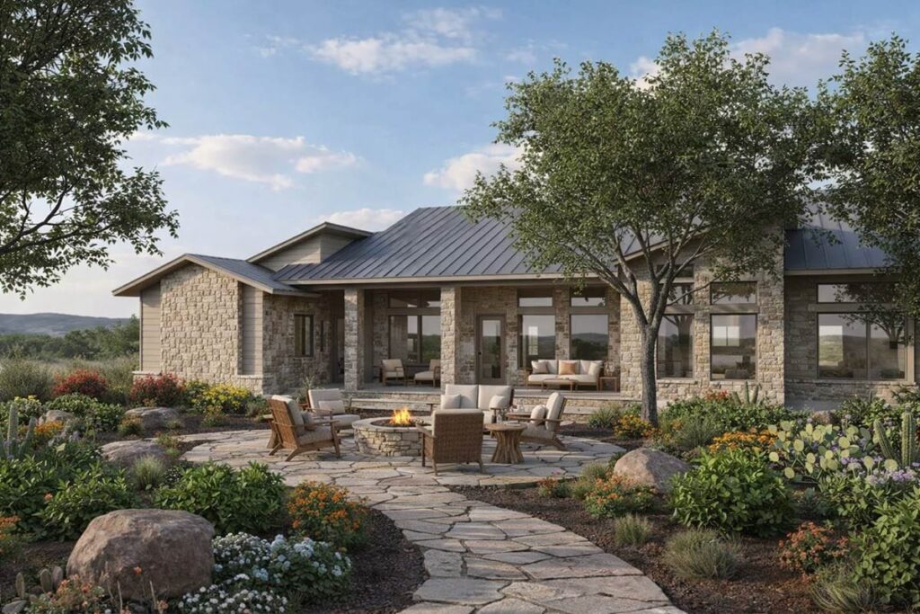 Plan 54067LK: Modern Rustic Hill Country Stone House Plan with Two Master Suites and 3-Car Garage - Image #3 - European, Hill Country, Ranch, Rustic