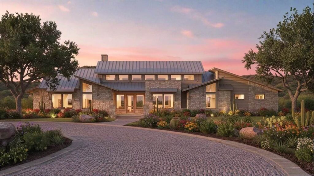 Modern house plan exterior with stone and wood facade, metal roof, large windows, and wide entrance.
