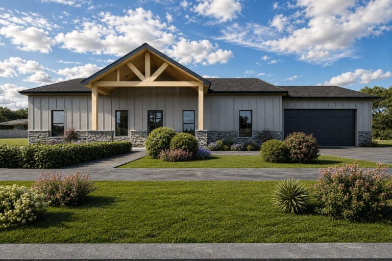 3-Bedroom 1-Story Modern Farmhouse Barndominium With Timber Porch And Walk-In Pantry (Floor Plan)