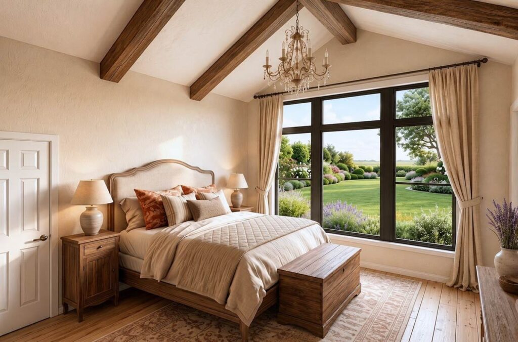 Interior view of bedroom with vaulted ceiling, exposed beams, large window, and chandelier.