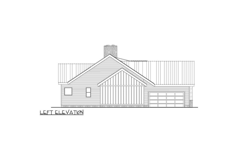 Left elevation house plan drawing showing a single-story home with a gabled roof, chimney, two windows, and an attached garage.