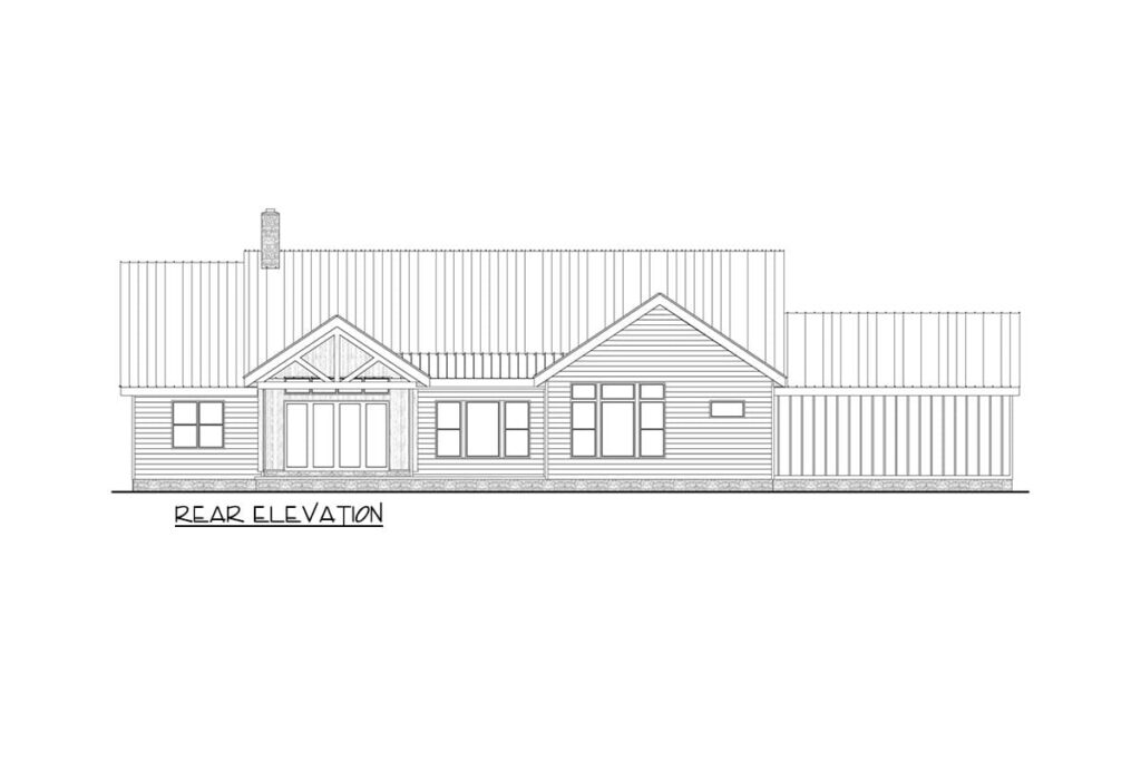 Rear elevation drawing of a house plan showing a central gable with double doors, multiple windows, and a chimney.