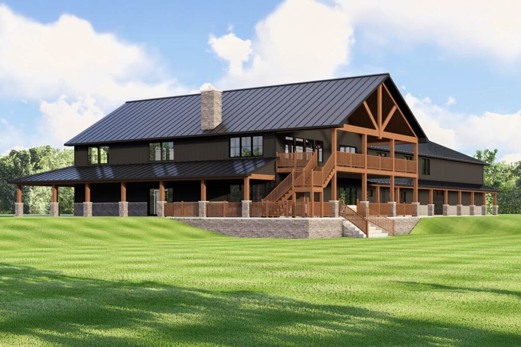 House plan exterior of a two-story modern farmhouse with a wrap-around porch, metal roof, and exposed timber framing.