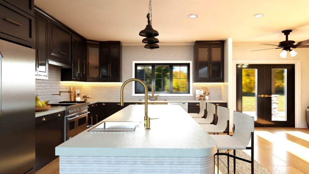 Kitchen with dark cabinets, white brick backsplash, large island with waterfall edge, and black double doors leading outside.