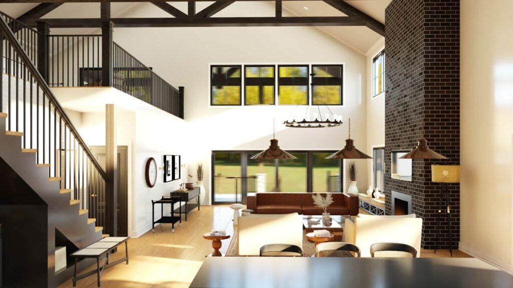 Open-concept living area with vaulted ceiling, exposed beams, a black brick fireplace, and a floating staircase.