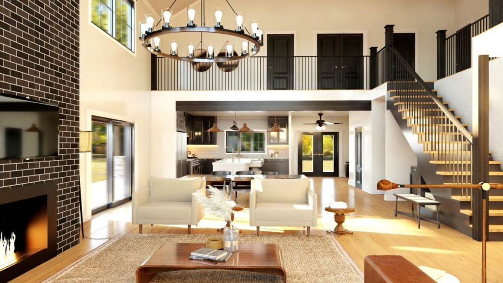 Open concept living area with two-story ceiling, black brick fireplace, and view of kitchen and dining.