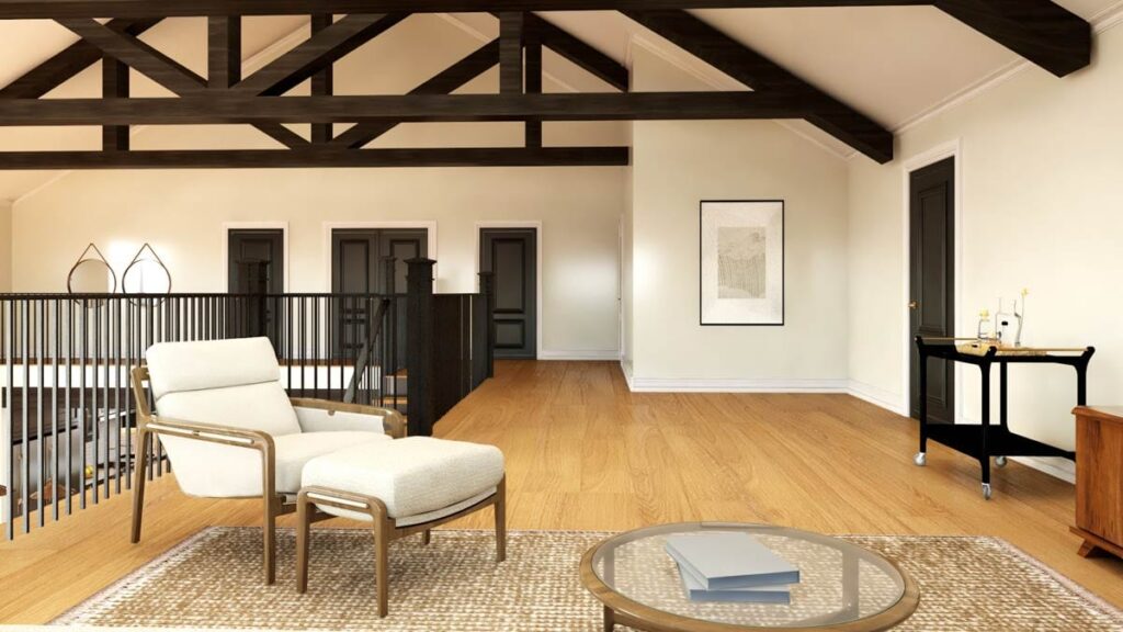 Interior view of a room with vaulted ceilings, exposed dark wood beams, and a railing overlooking a lower level.