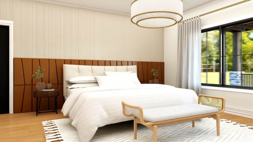 Bedroom rendering with paneled headboard, large window overlooking greenery, and modern bench.