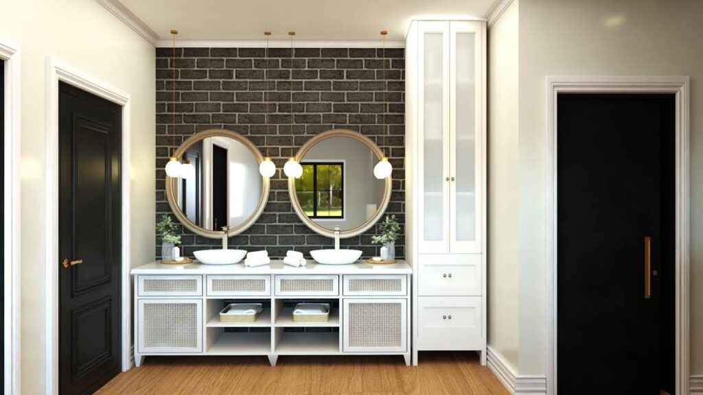 Modern bathroom rendering with double vanity, black brick accent wall, and two circular mirrors.