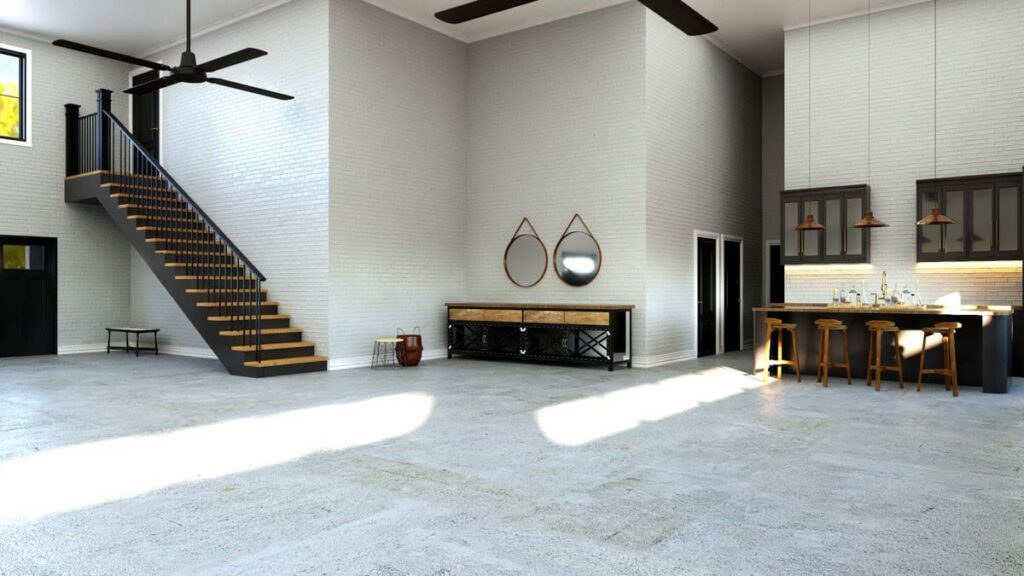 Interior rendering of a modern great room with a two-story vaulted ceiling, open staircase, and a kitchen island with bar stools.