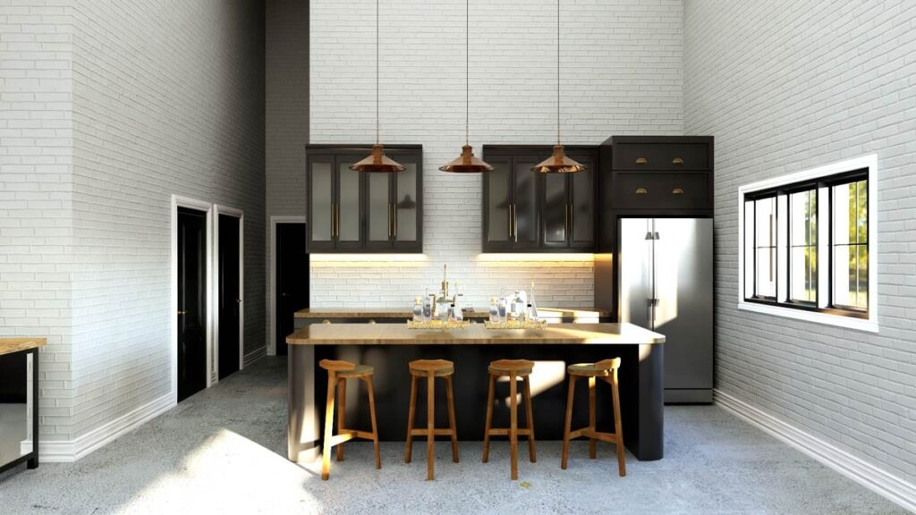 Modern kitchen rendering with a large island, dark cabinetry, pendant lights, and a window with black mullions.