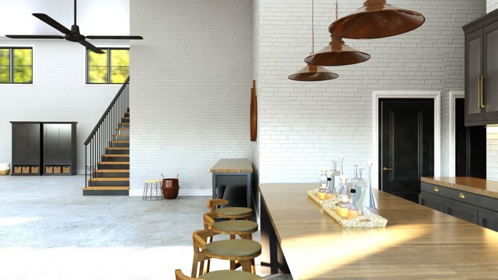 Interior rendering of a kitchen with white brick walls, a large island, and an open staircase leading to a loft area with storage cabinets.