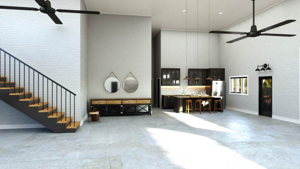 Open concept living area with stairs, kitchen island, and vaulted ceiling with ceiling fans.