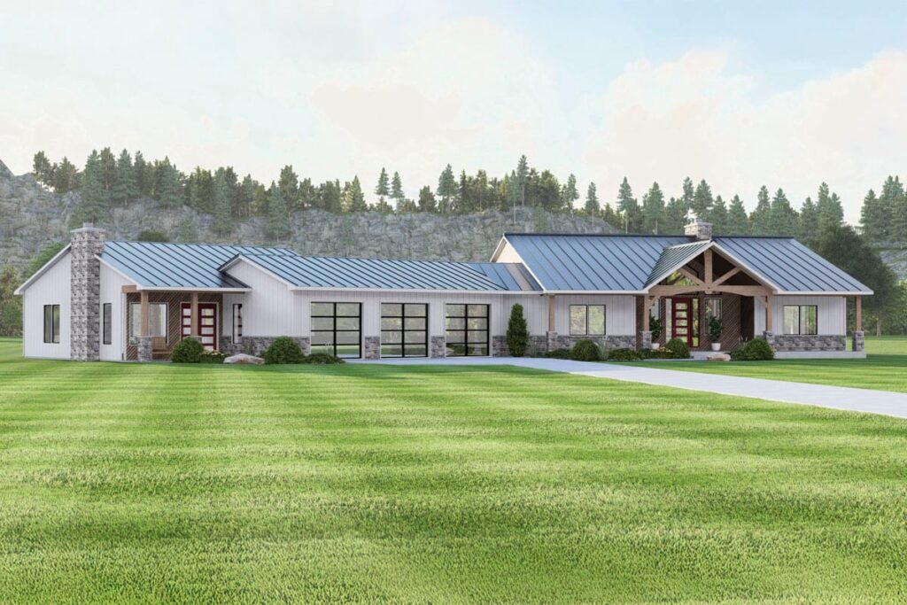 Modern Farmhouse house plan exterior with a long, low profile, metal roof, stone accents, gabled roofline, and three glass garage doors.