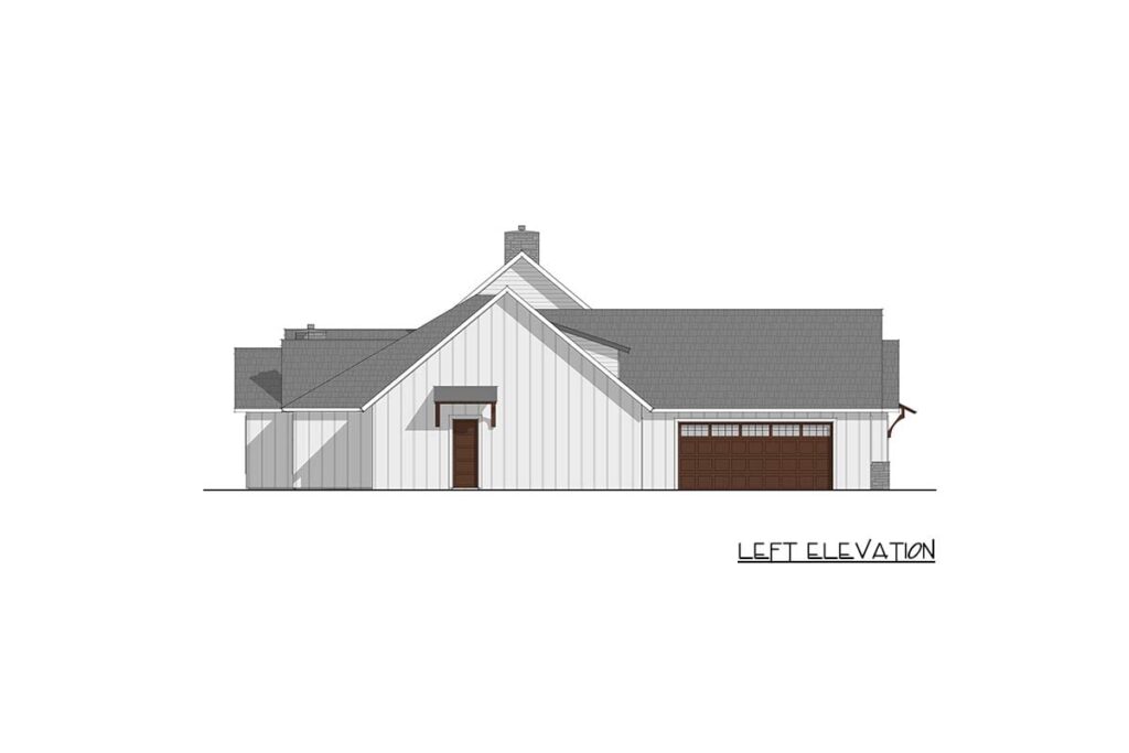 Left elevation drawing of a house plan with gabled roof, chimney, front door, and garage.