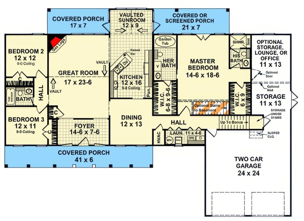 Plan 51390MM: Country Ranch House Plan with Three Bedrooms and Bonus Room - Floor Plan - Main Level - Country, Ranch, Traditional