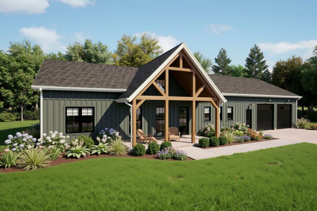 A modern, sage green house with a wooden porch and garage. Landscaping features flowers and neatly trimmed bushes along the walkway and lawn.