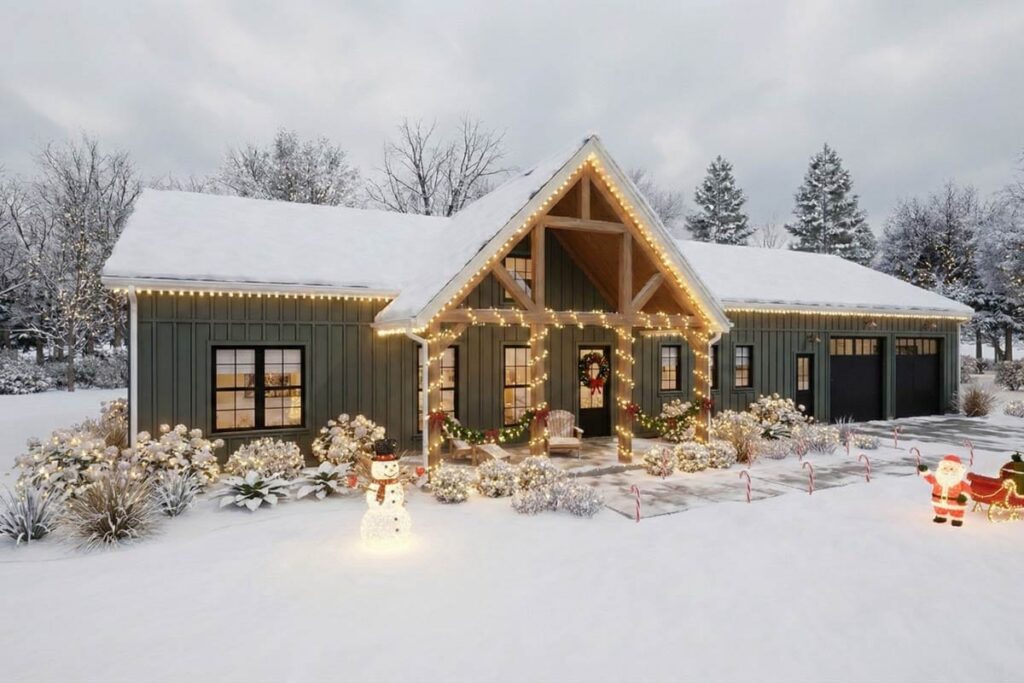 Modern Farmhouse house plan exterior with exposed beams on porch, board and batten siding, and a two-car garage.