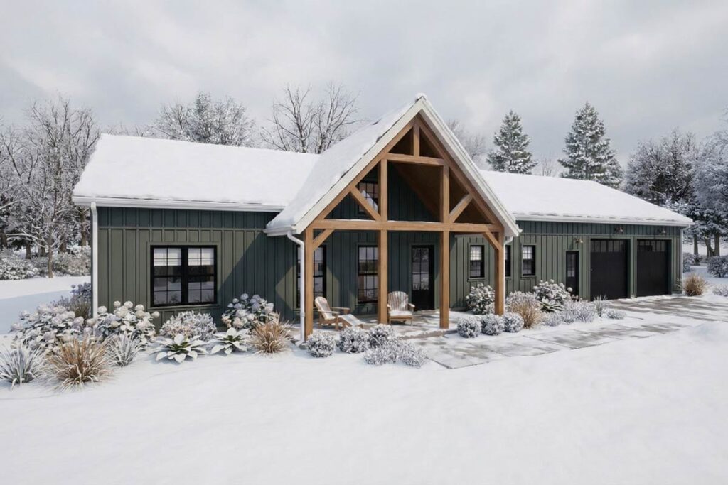 Modern Farmhouse house plan exterior with a prominent gable, timber frame porch, board and batten siding, and a two-car garage.