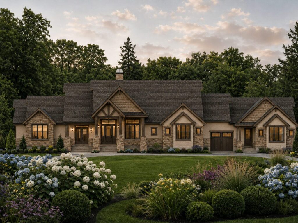Craftsman style house plan exterior with a prominent gable, stone accents, and a three-car garage.