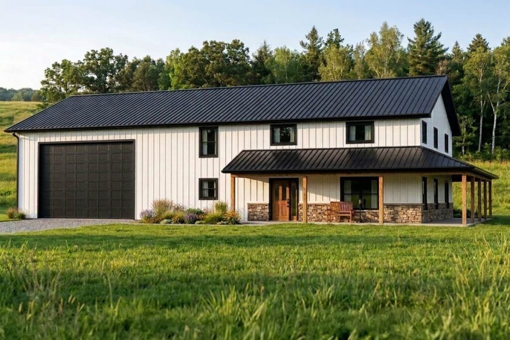 House plan exterior. Two-story Modern Farmhouse with a gabled roof, covered porch, and attached garage. Exterior features vertical siding.