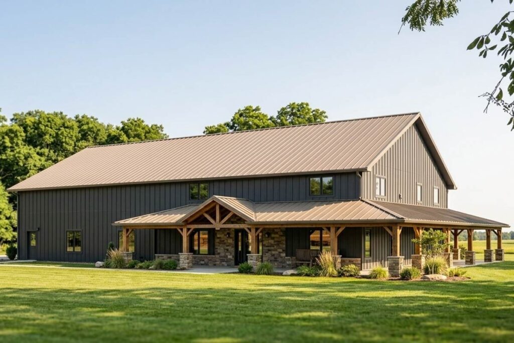 House plan exterior featuring a two-story farmhouse style with a wraparound porch, gabled roof, and stone accents on the porch pillars.