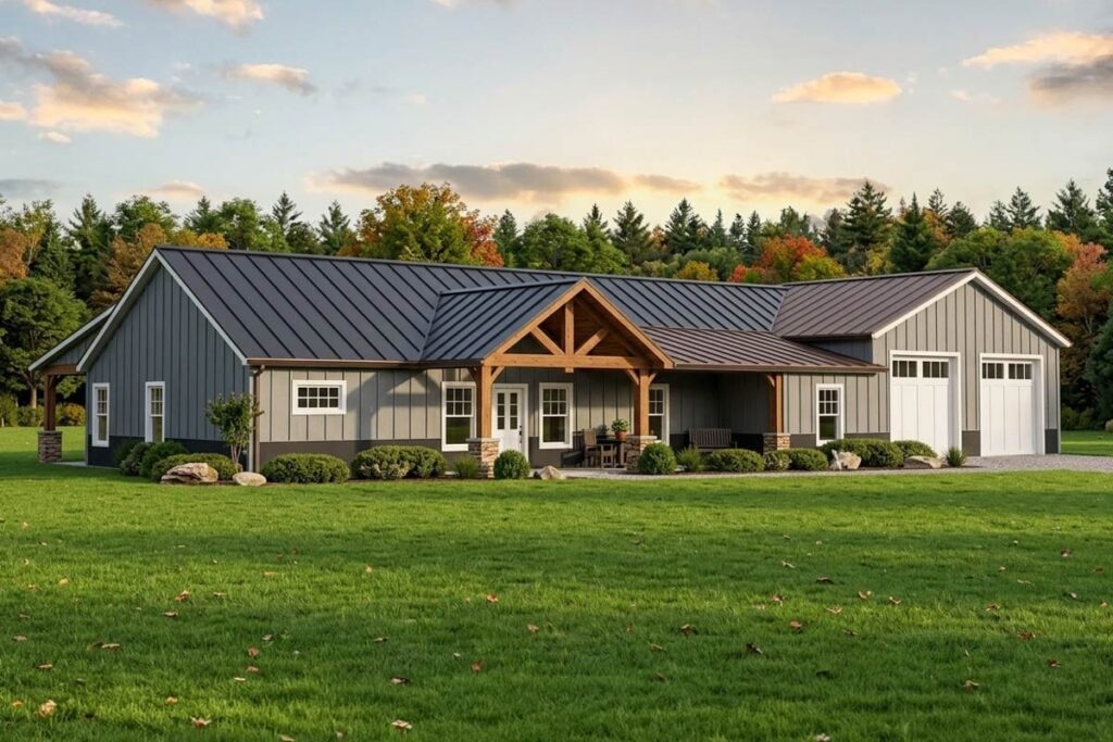 House plan exterior. Ranch-style home with gabled roof, covered porch, and attached garage. Includes exposed rafter tails and mixed roofing.