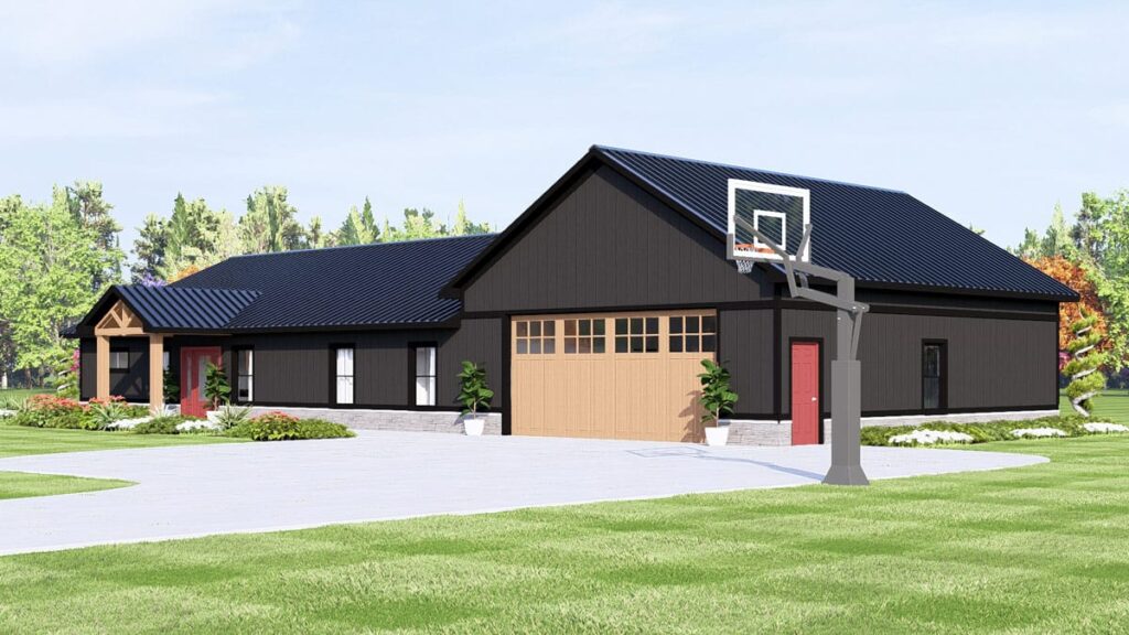 Modern Farmhouse house plan exterior with black vertical siding, a gabled covered entry, and a large garage door.