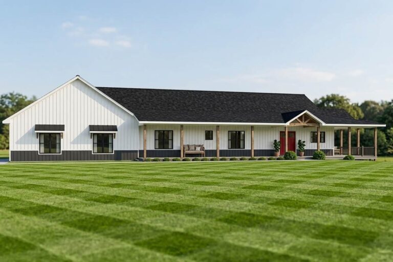 3-Bedroom 1-Story Farmhouse Barndominium With Wraparound Porch And Four-Car Garage (Floor Plan)