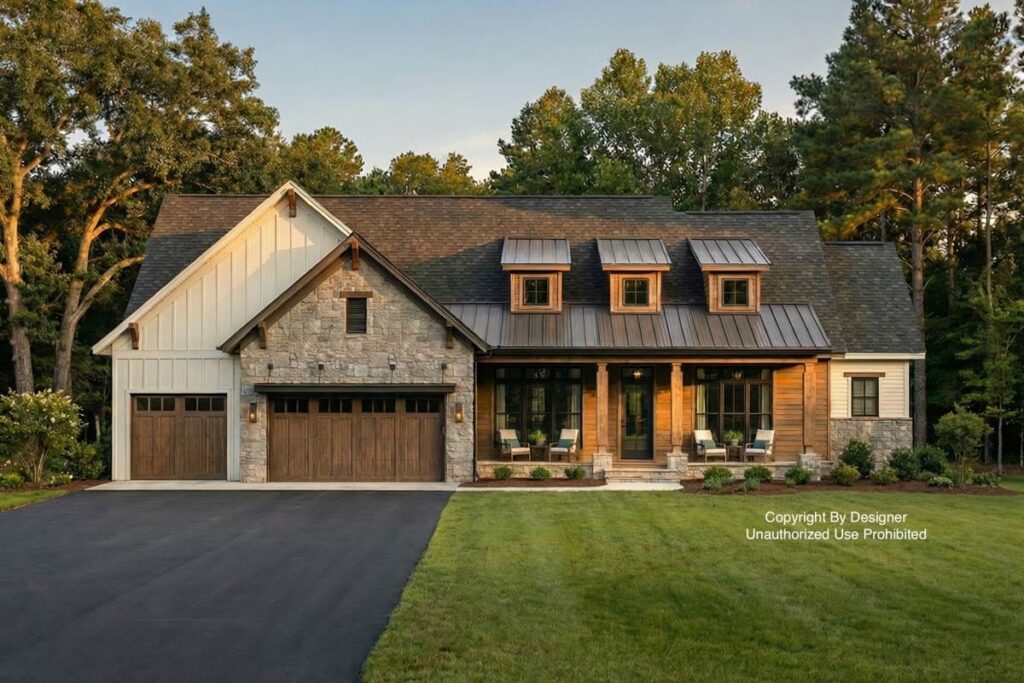 House plan exterior: two-story Modern Farmhouse with stone and board-and-batten siding, metal dormers, and a wraparound porch.