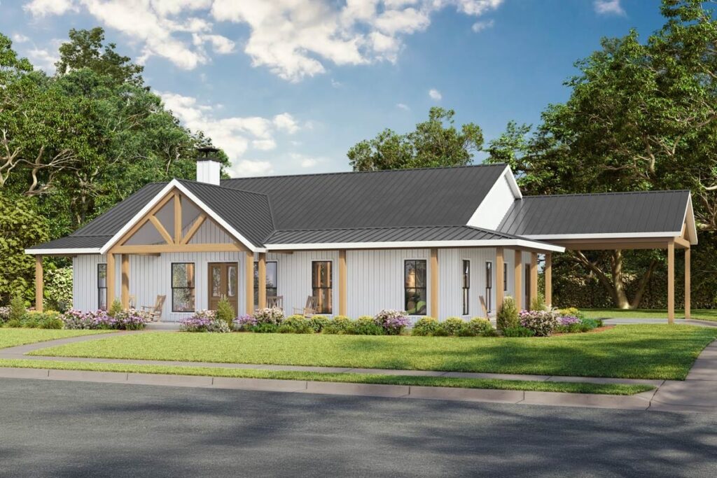 Modern Farmhouse house plan exterior with gabled entrance, covered porch, and attached carport. Single story.