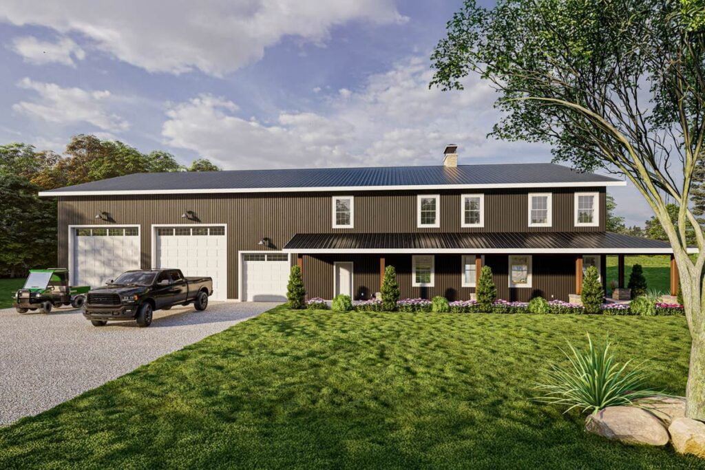 House plan exterior. Two-story house with corrugated siding, a long porch, and a gable roofline. Garage is attached.