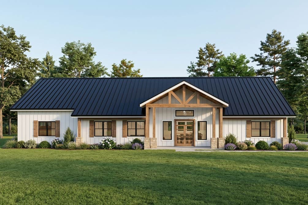 Modern Farmhouse exterior plan with black metal roof, exposed beams on entry gable, board and batten siding, and stone accents.