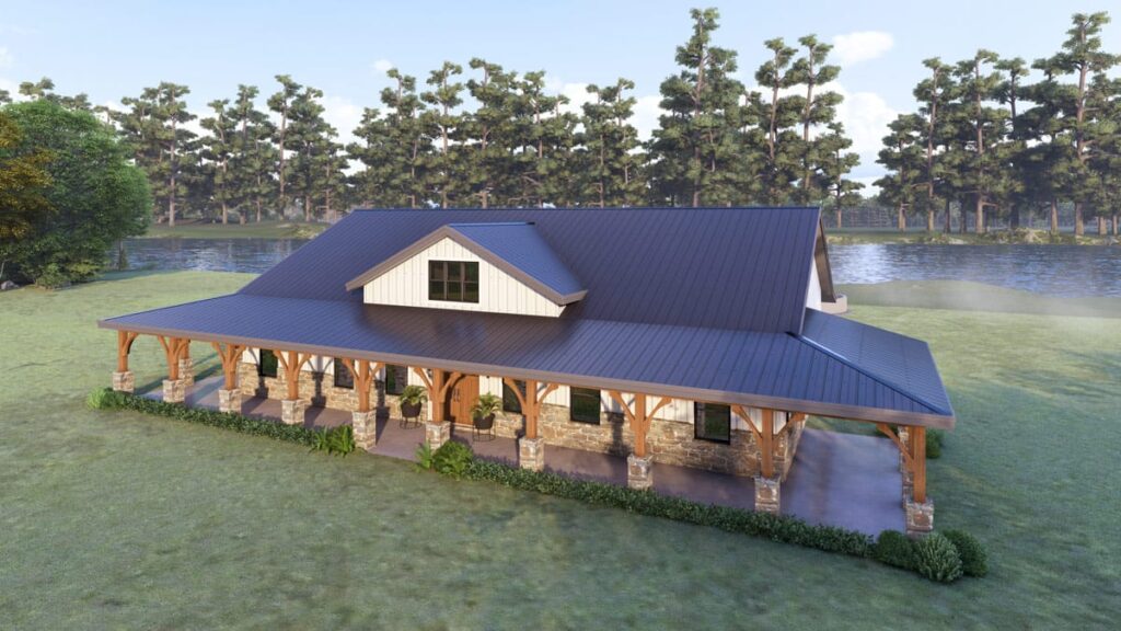 House plan exterior: Ranch style with a wraparound porch, stone base, wood columns, and metal roof.