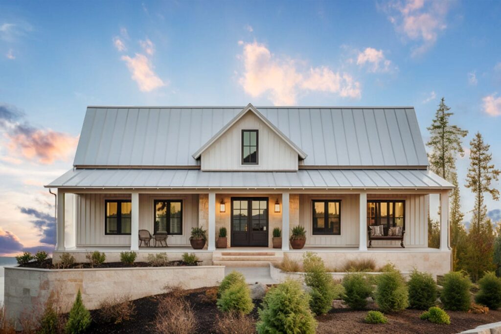 House plan exterior featuring a Modern Farmhouse style with a gabled roof, a covered porch, and a central gabled dormer.