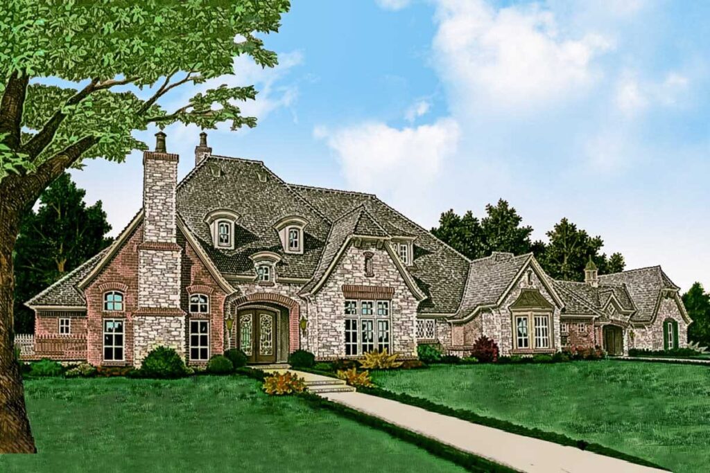 House plan exterior. Two-story French Country home with stone and brick facade, multiple dormers, and a gabled roofline.