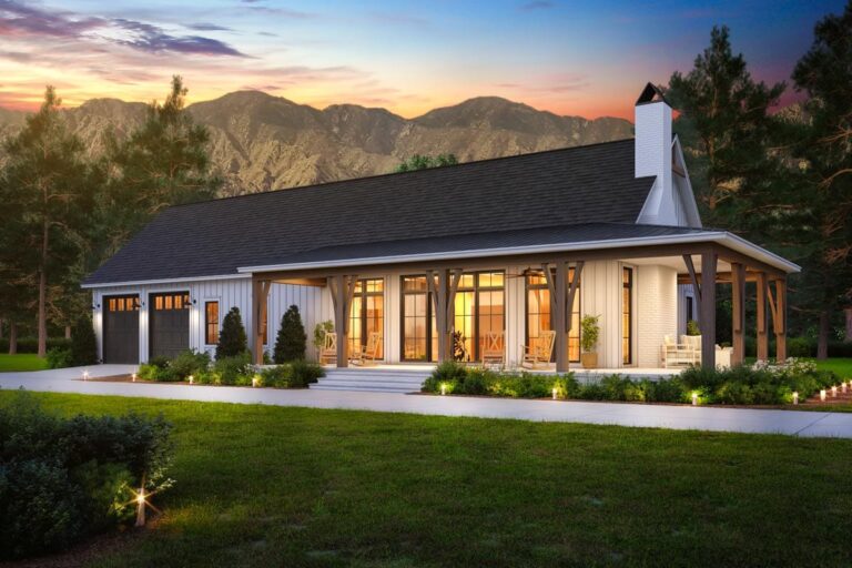 3-Bedroom 1-Story Farmhouse Barndominium With Large Open Kitchen And Walk-In Pantry (Floor Plan)