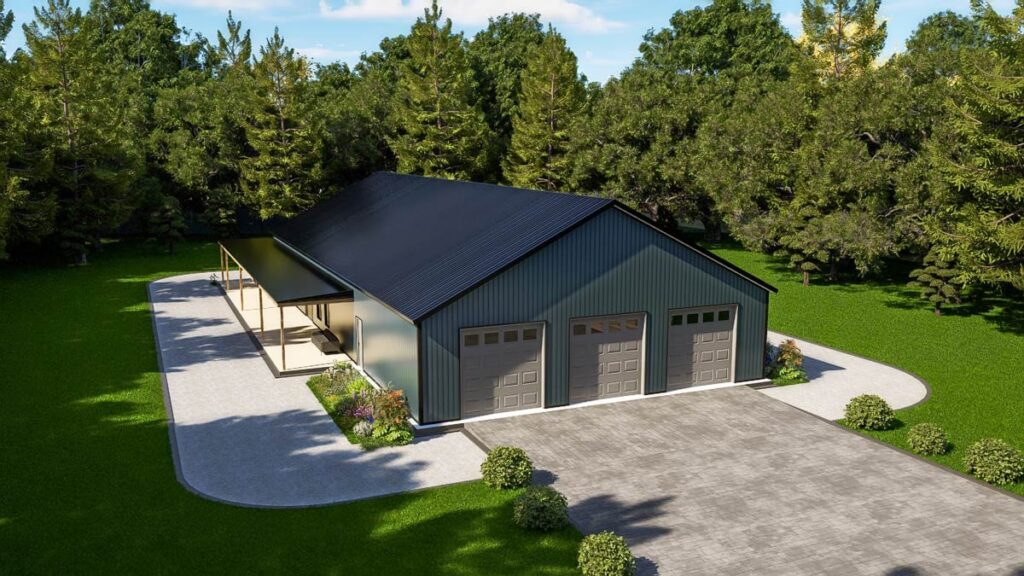 Modern house plan exterior with three garage doors, a covered walkway, and a metal roof.
