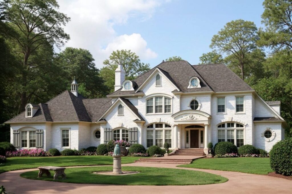 House plan exterior: White brick, two-story home with prominent gables, dormers, arched windows, and a covered entry.