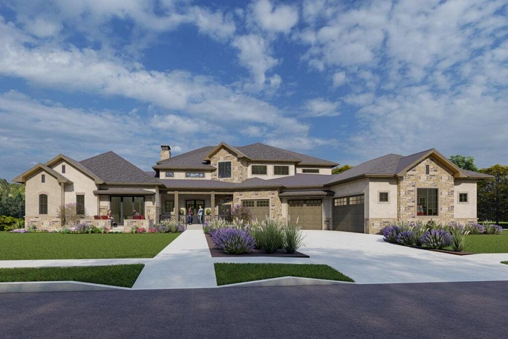 House plan exterior featuring a stone and stucco facade, multi-level rooflines, covered entry, and a three-car garage.